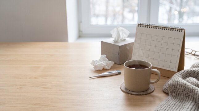 Cozy desk with coffee, calendar, and tissues suggesting a sick day at home