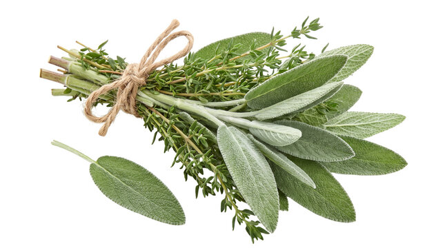 Fresh culinary herbs bundle with sage and thyme, aromatic green leaves tied with twine, organic seasoning for kitchen and food recipes isolated PNG with Transparent Background