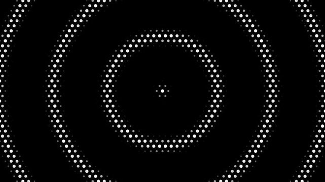 Black and white halftone circular wave pattern on dark background, abstract concentric dotted rings with optical illusion and monochrome motion design