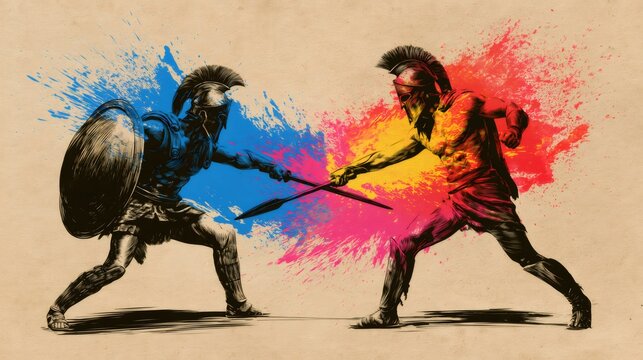Spartan warriors battling with spears creating colorful paint splash