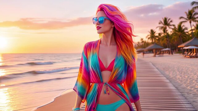 Fashionable woman with rainbow hair walking on beach boardwalk at sunset. Tracking shot of stylish traveler enjoying tropical vacation.