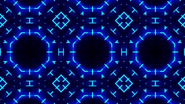 Blue glowing geometric kaleidoscope shapes looping seamlessly, creating bold symmetry for wallpapers, posters, textiles, branding, and digital tron backgrounds.