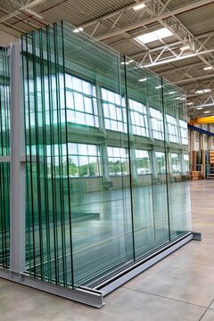 Large glass sheets stored in manufacturing factory warehouse