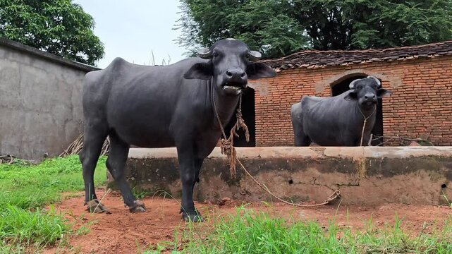 Indian water buffaloes in rural livestock enclosure