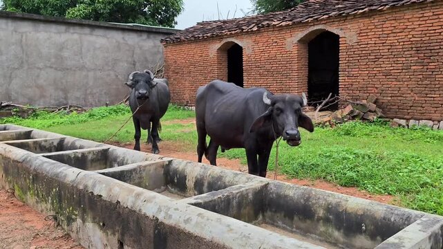 Indian water buffaloes in rural livestock enclosure