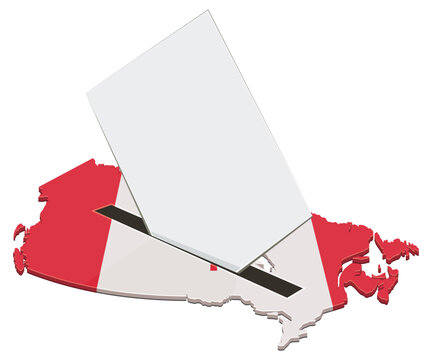 3D illustration of Canadian democratic elections, voting rights, and political choice with a blank ballot paper on the Canada national flag map (cut out)