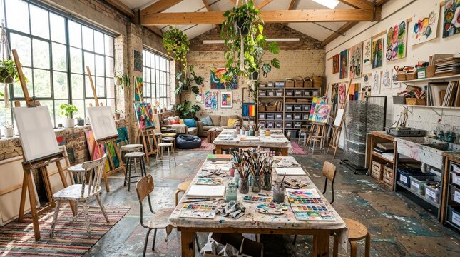 Creative Studio With Artistic Workspace And Natural Elements.