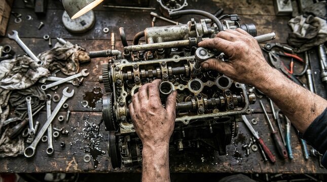 Hands Working On Vintage Mechanical Engineering Components.
