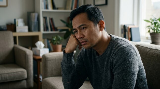 Man deep in thought sitting alone indoors.