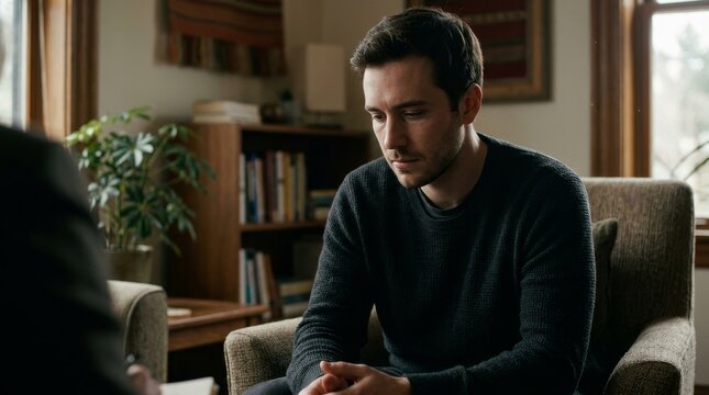 Man deep in thought during serious conversation indoors.