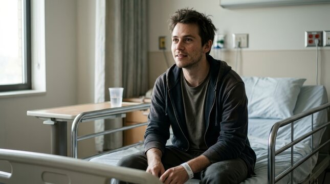Man Reflecting in Hospital Room with Empty Bed.