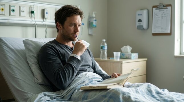 Man Reflecting Thoughtfully in Hospital Bed Setting.