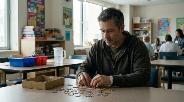 Man Focused On Puzzle In Classroom Setting.