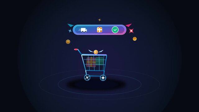Animated glowing shopping cart with gift boxes for online shopping concept