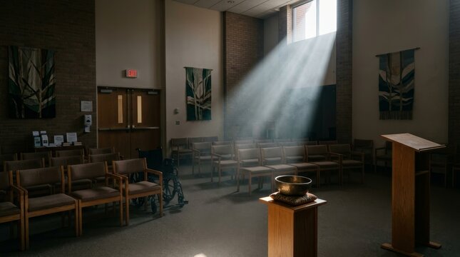 Sunlit Empty Church Interior with Modern Podium.