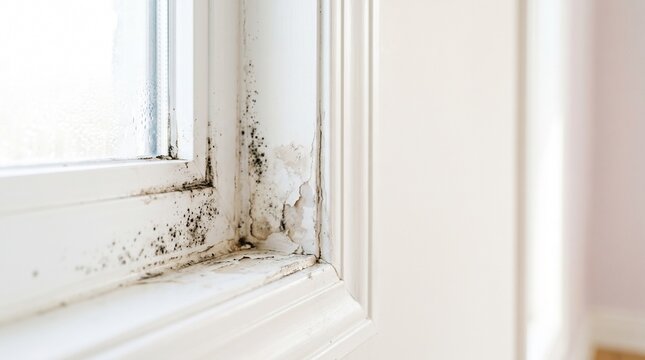 Close up of black mold and peeling paint caused by condensation around a bright white indoor window frame