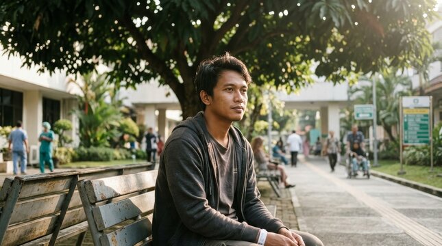 Young Man Deep Thoughts Urban Park Setting.