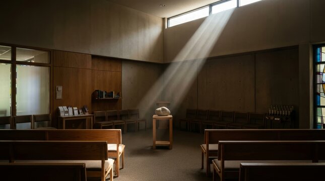 Sunlit Empty Church Interior Peaceful Serene Atmosphere.