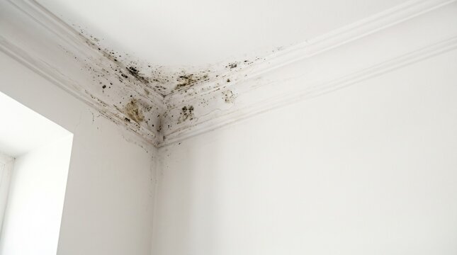 Close up of toxic black mold growing in the corner of a white ceiling and wall molding in a bright room