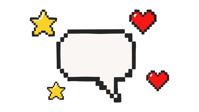 Pixel art speech bubble with retro 8 bit stars and hearts on transparent background. Nostalgic arcade game style text frame template for gaming content, retro aesthetics, and digital pop art designs.