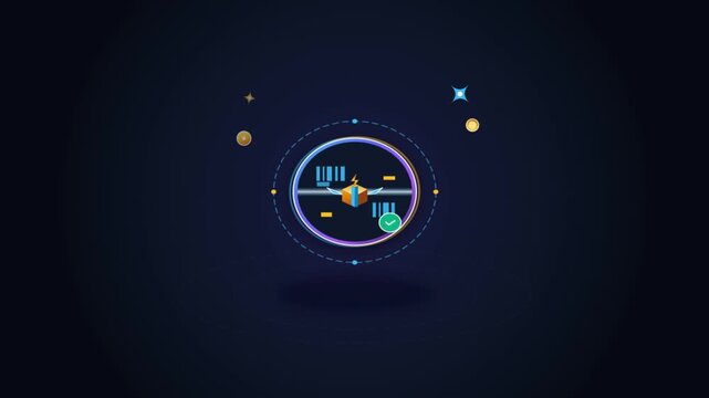 Animated technical icon of a cube with digital elements and checkmark
