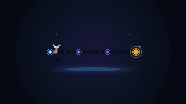 Futuristic delivery drone carrying package along glowing progress bar timeline
