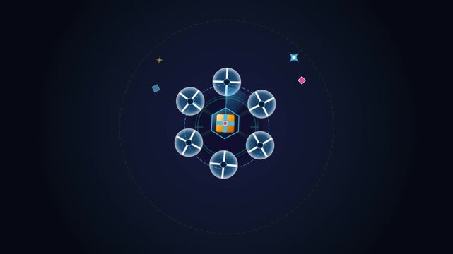 Futuristic digital radar scanning delivery drone animation with central package and rotating holographic interface against dark background