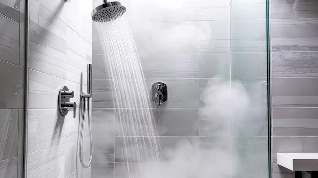 Hot water streaming from rain shower head in modern bathroom. Steam rising against grey marble tiles. Tilt up and panning camera movement.