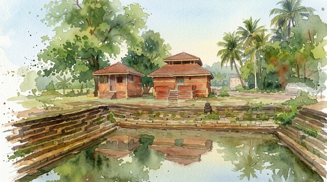Traditional Indian temple pond stepwell with reflection watercolor painting