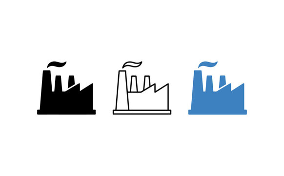 Industrial factory icon set, manufacturing plant symbols in black and blue, minimalist production facility graphics for business web design