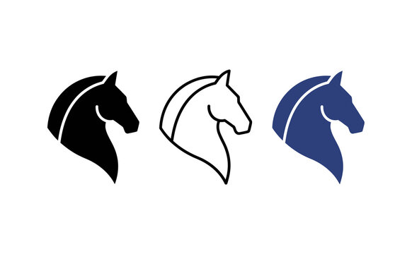 Minimalist horse head icons, 3 equestrian logo elements in black and blue, professional stallion profile symbols for corporate branding