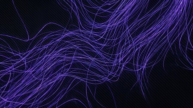 Abstract purple glowing lines and light trails on a dark carbon fiber texture background - futuristic technology concept