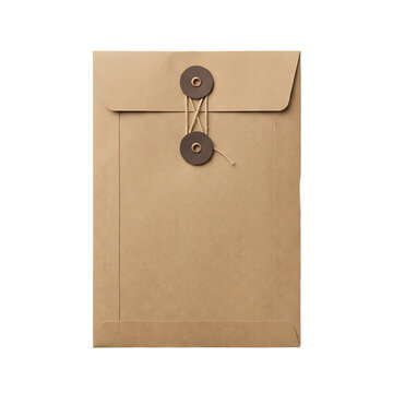 Brown kraft envelope with string and wooden toggle closure, isolated on transparent background