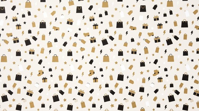 gift wrapping design, a stylish, seamless pattern of price tags, bags, and stars in black, gold, and white