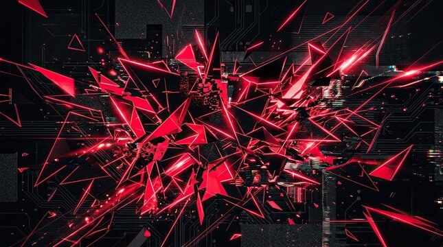 Dynamic Red Geometric Shapes and Lines on Dark Digital Background - Abstract Technology Explosion