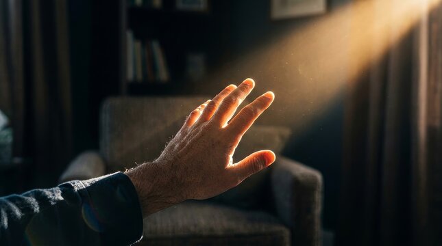 Person Reaching Hand Toward Warm Lighting Interior Scene.