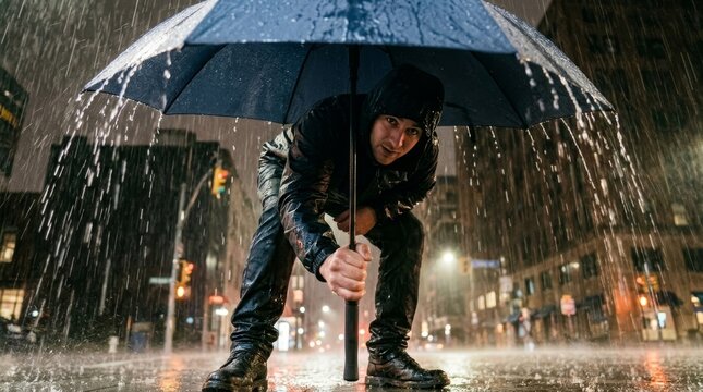 Urban Man Holding Umbrella During Rainy Night Walk.