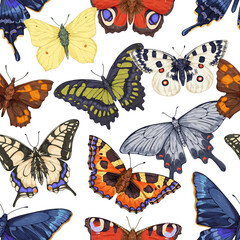 Seamless pattern, butterflies repeating print. Vintage fauna texture design, endless background. Beautiful flying moths backdrop drawn in retro style. Realistic vector illustration for textile, fabric © Good Studio