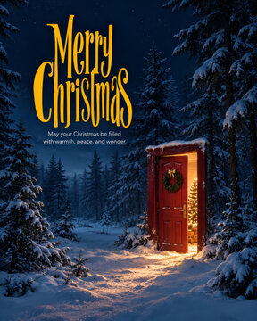 Merry Christmas Greeting Card with Glowing Door and Festive Wreath in Snowy Pine Forest at Night, Magical Winter Woodland Path, Golden Typography and Warm Light in Enchanted Holiday Scene