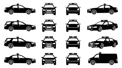 Clean Black and White Icons Set of Various Police Cars from Different Angles with high quality professional line art symbols for modern creative design and digital branding projects © paijo