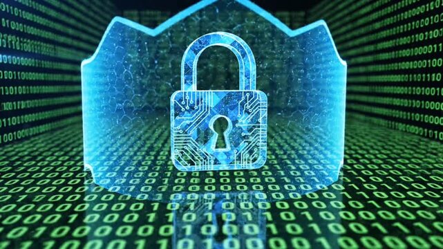 Abstract 3D motion graphic of glowing digital padlock and shield locking over flowing binary code cyber security background