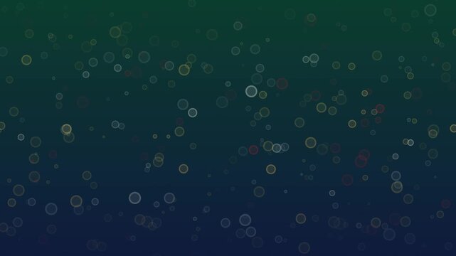 Flat 2D vector animation of an abstract deep emerald to midnight navy gradient background, featuring hundreds of gently rising and twinkling gold and cream bokeh particles with a subtle diagonal light