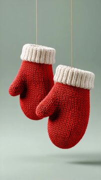 Vertical Video Red Wool Christmas Mittens Hanging Winter Decoration