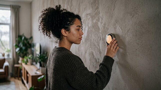 Woman adjusting temperature on modern digital smart home thermostat device - Angle 160