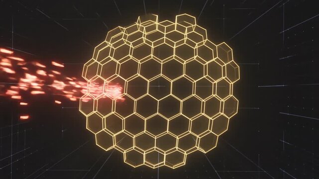 Abstract glowing shield made of golden hexagonal grid blocking red digital particles. Concept for cybersecurity and data defense. AI generated.