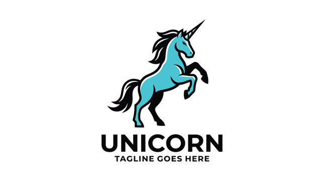 Majestic blue and black rearing unicorn vector graphic logo symbol isolated on white background