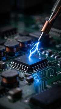 Electronic circuit board microchip repair with soldering iron spark and electric arc electronics microprocessor electricity hardware computer processor