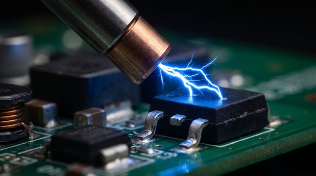 Close-up of a green PCB circuit board with a soldering iron and blue electric arc spark, symbolizing electronics repair, short circuit, and technology hardware.