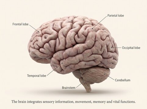 Human brain anatomy model showcasing frontal lobe parietal lobe