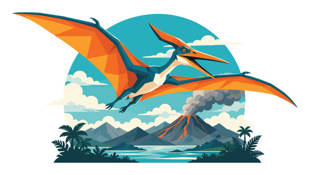 Vibrant colorful pterodactyl flying gracefully above prehistoric tropical landscape featuring erupting volcanic mountain scenery
